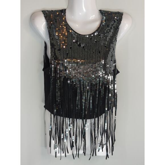 H&M Green Black Cascading Sequin Tassel Fringe Top Womens S Party Glam‎ Cropped - Picture 3 of 12
